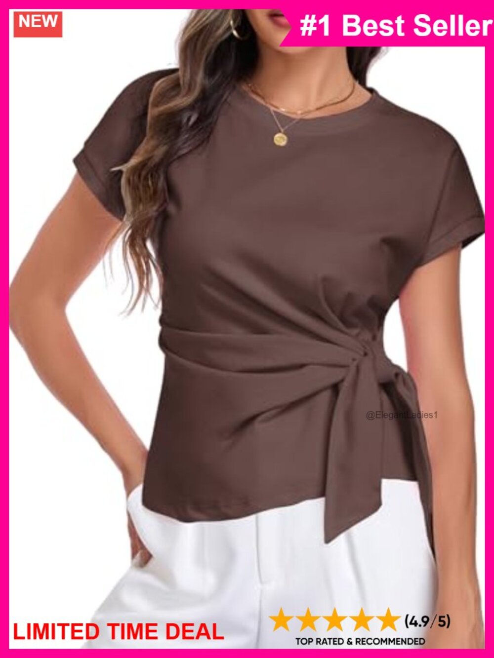 Women's Cap Sleeve Tie Waist Wrap T-Shirt Casual Work Blouse